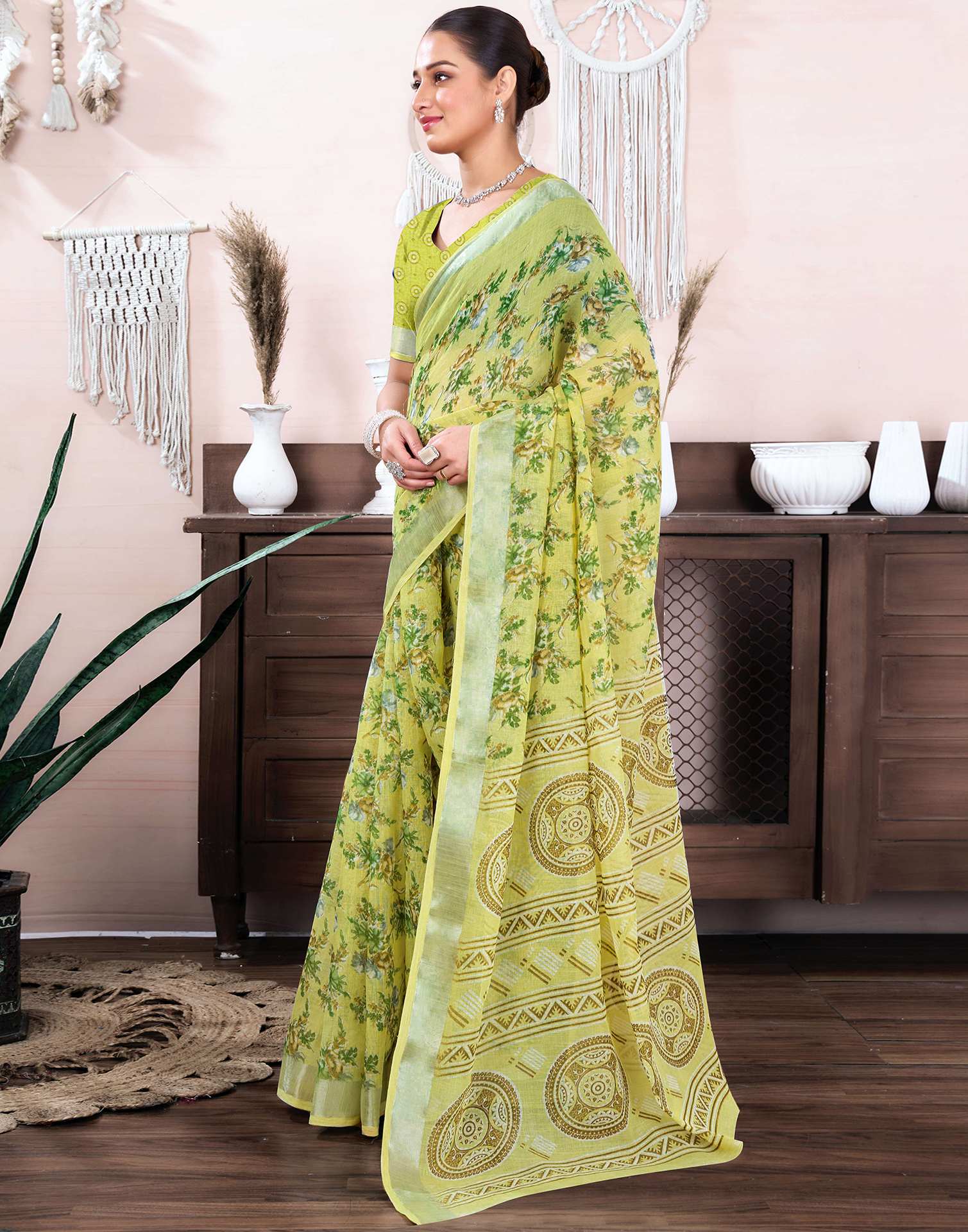 Pear Green Cotton Linen Floral Printed Saree