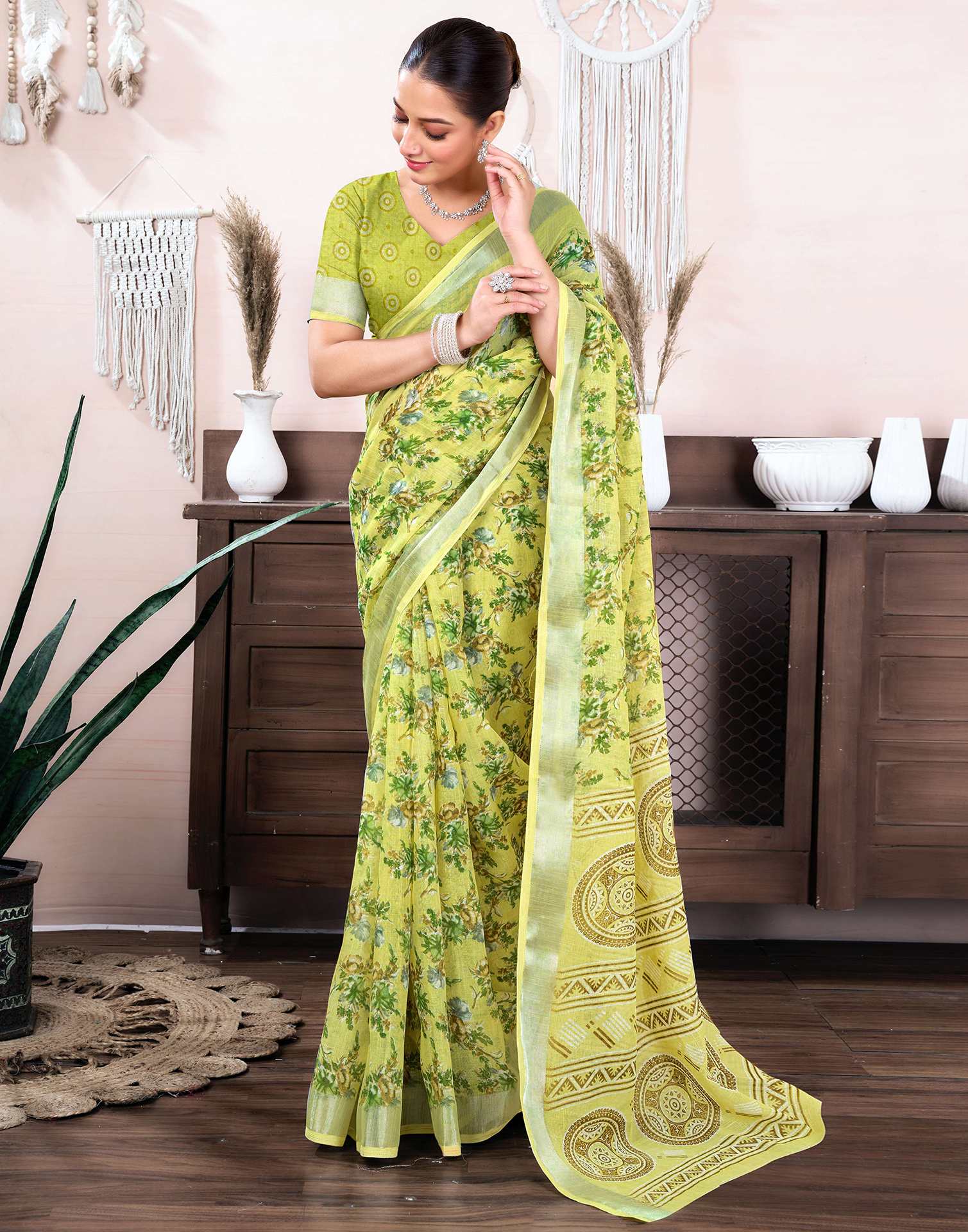 Pear Green Cotton Linen Floral Printed Saree