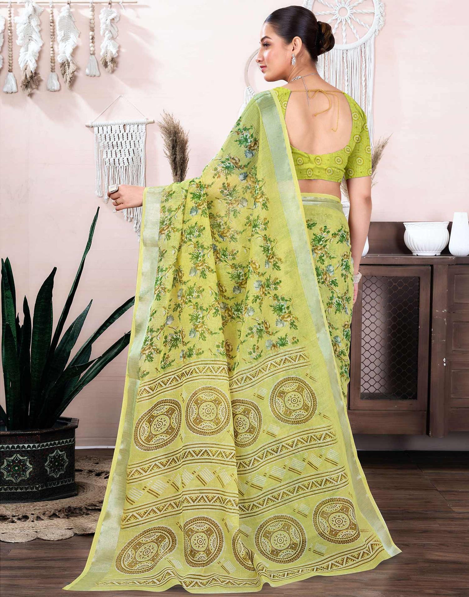 Pear Green Cotton Linen Floral Printed Saree