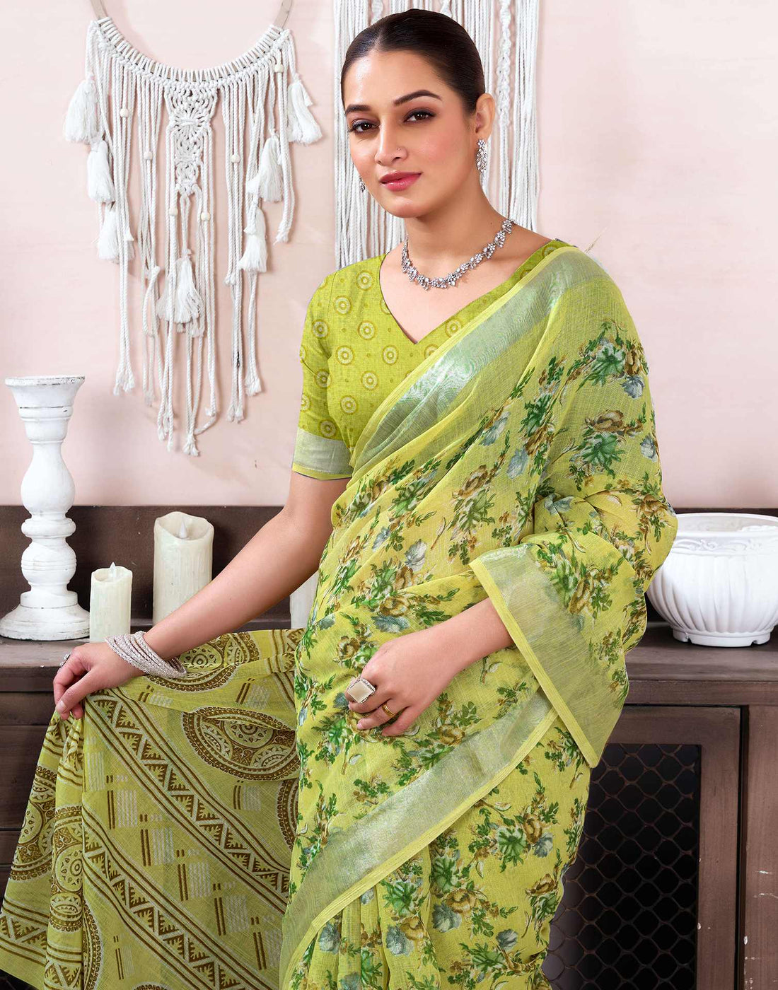 Pear Green Cotton Linen Floral Printed Saree