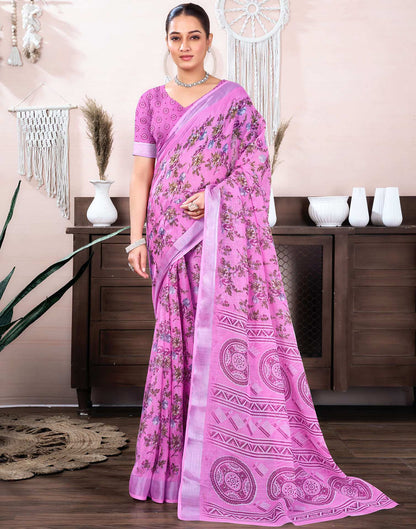 Hot Pink Cotton Linen Floral Printed Saree