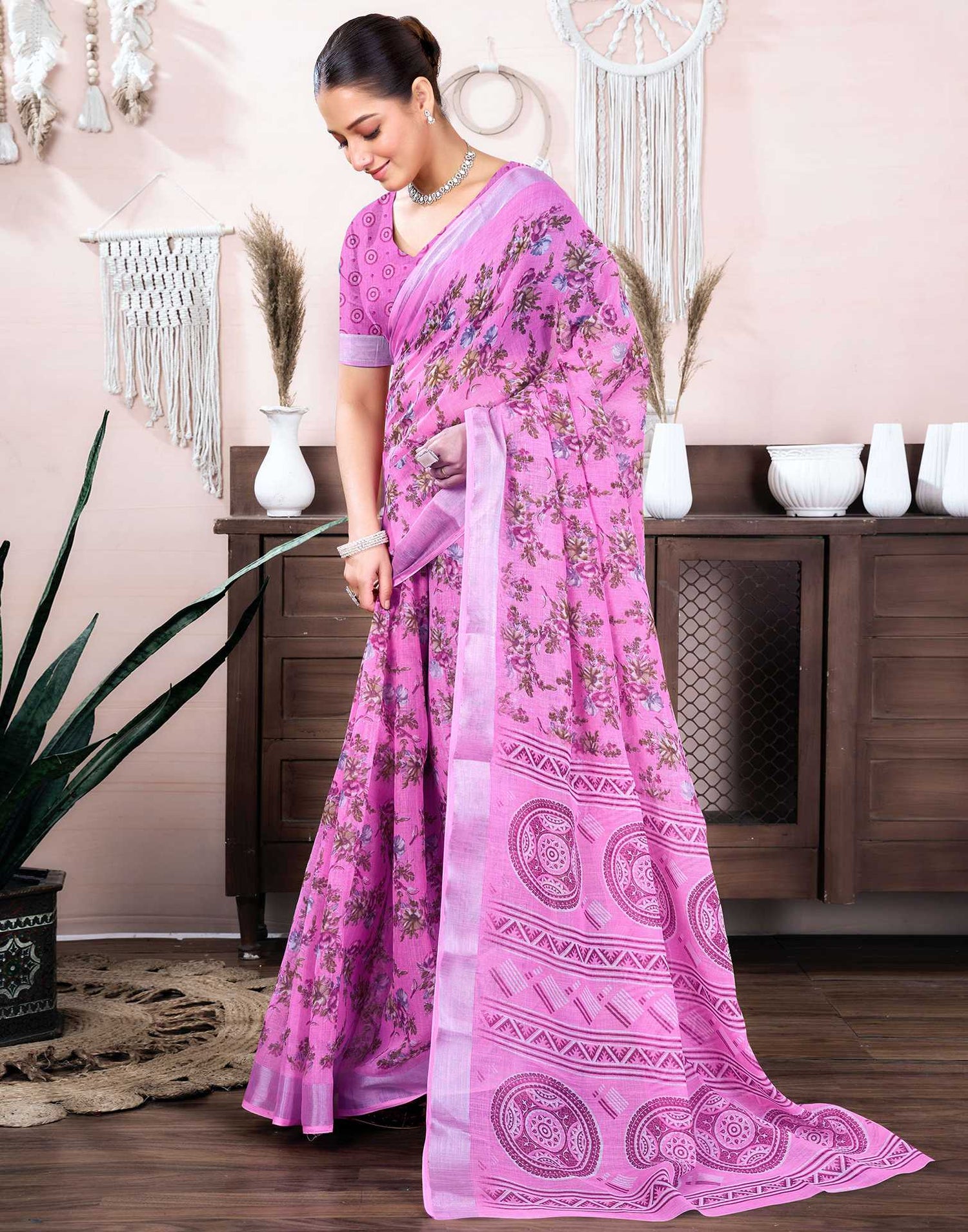 Hot Pink Cotton Linen Floral Printed Saree