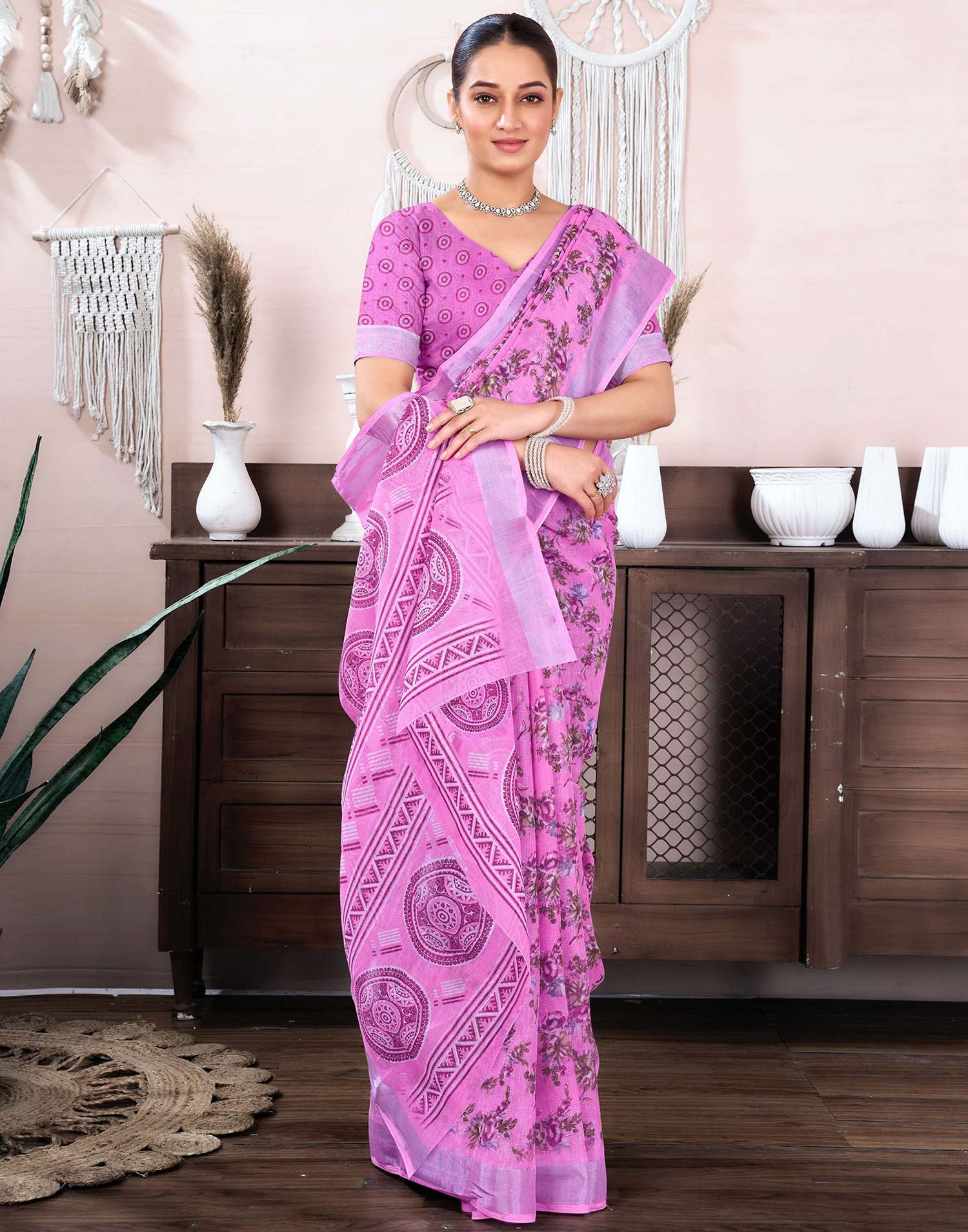 Hot Pink Cotton Linen Floral Printed Saree