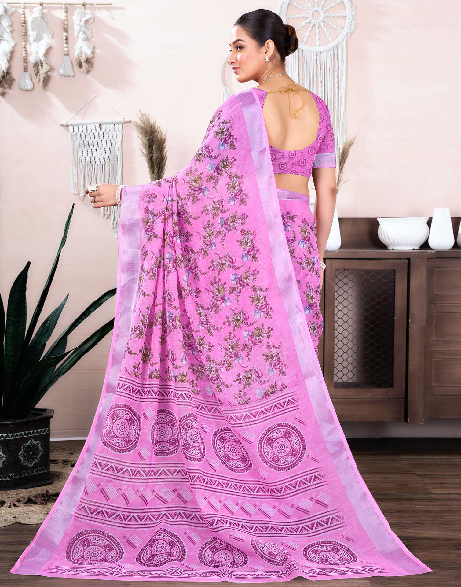 Hot Pink Cotton Linen Floral Printed Saree