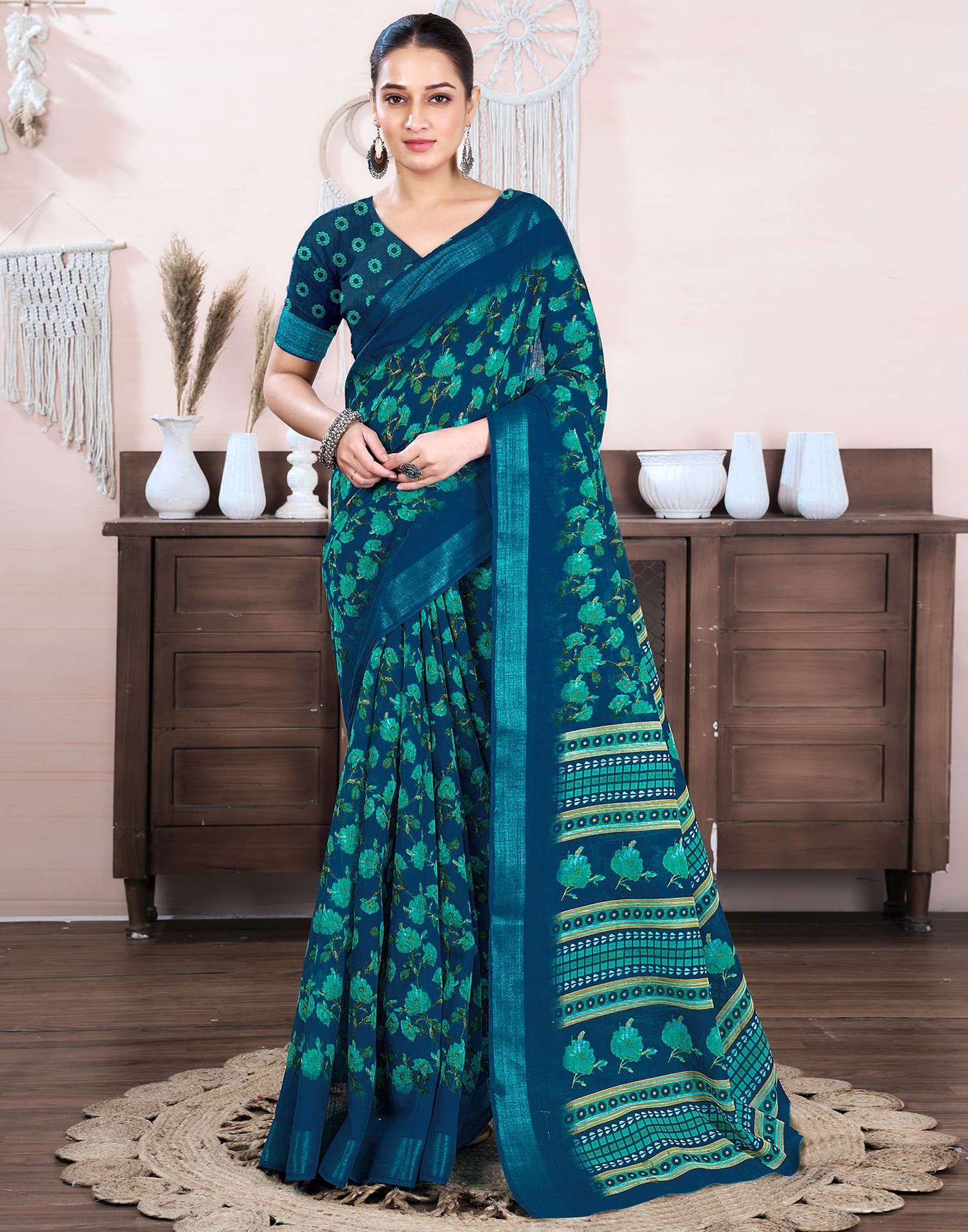 Rama Blue Cotton Linen Floral Printed Saree