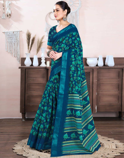 Rama Blue Cotton Linen Floral Printed Saree