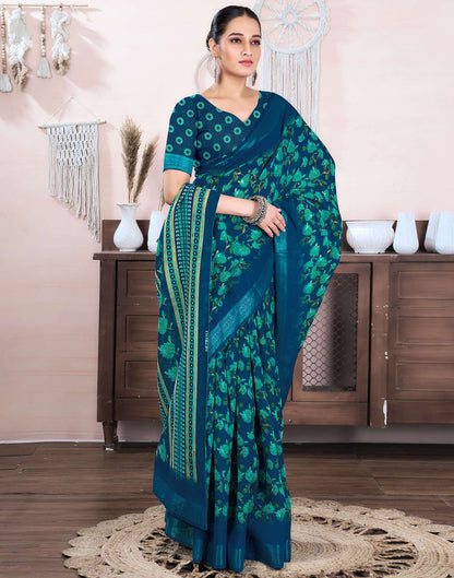 Rama Blue Cotton Linen Floral Printed Saree