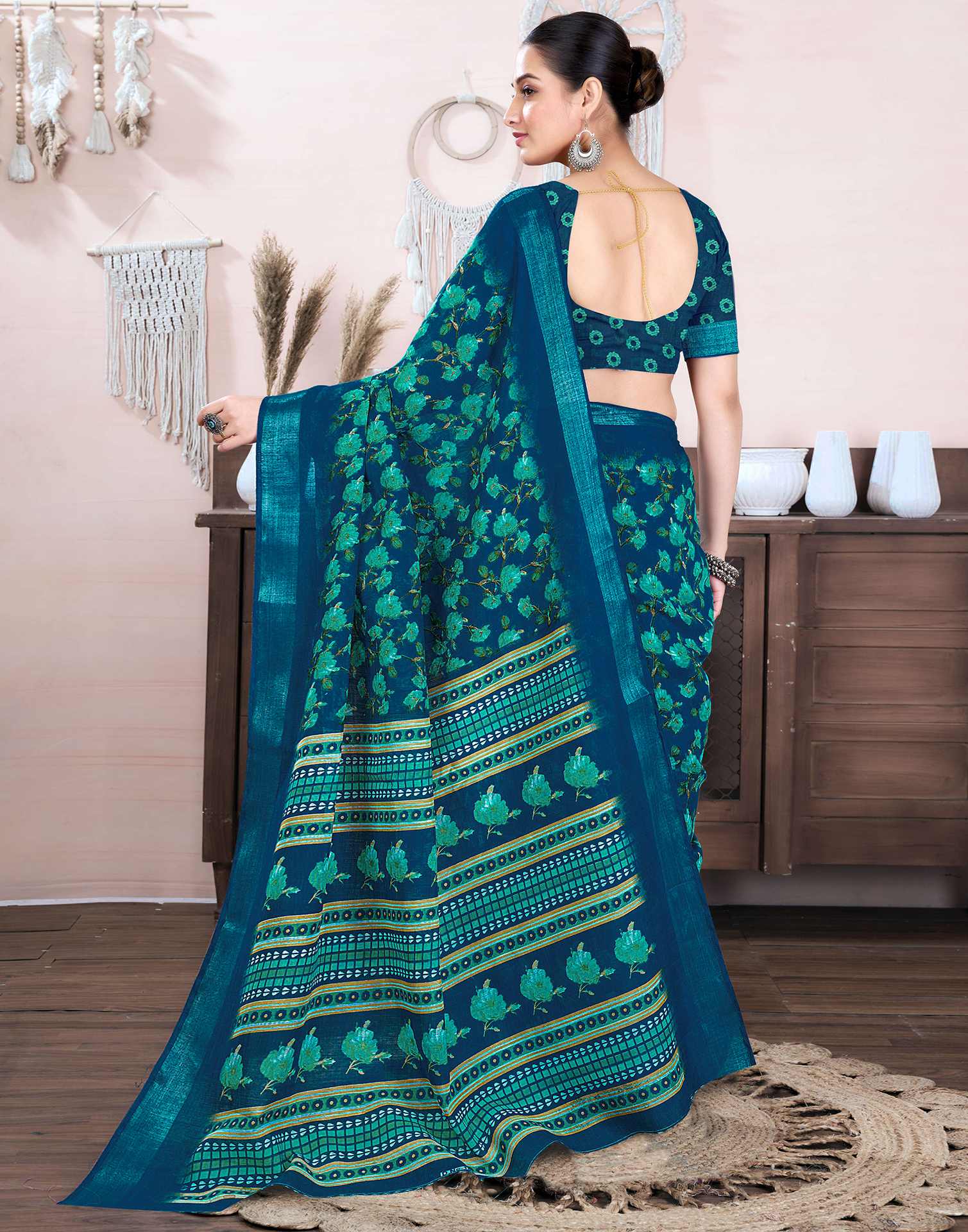 Rama Blue Cotton Linen Floral Printed Saree