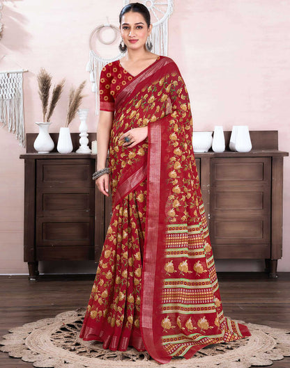 Red Cotton Linen Floral Printed Saree