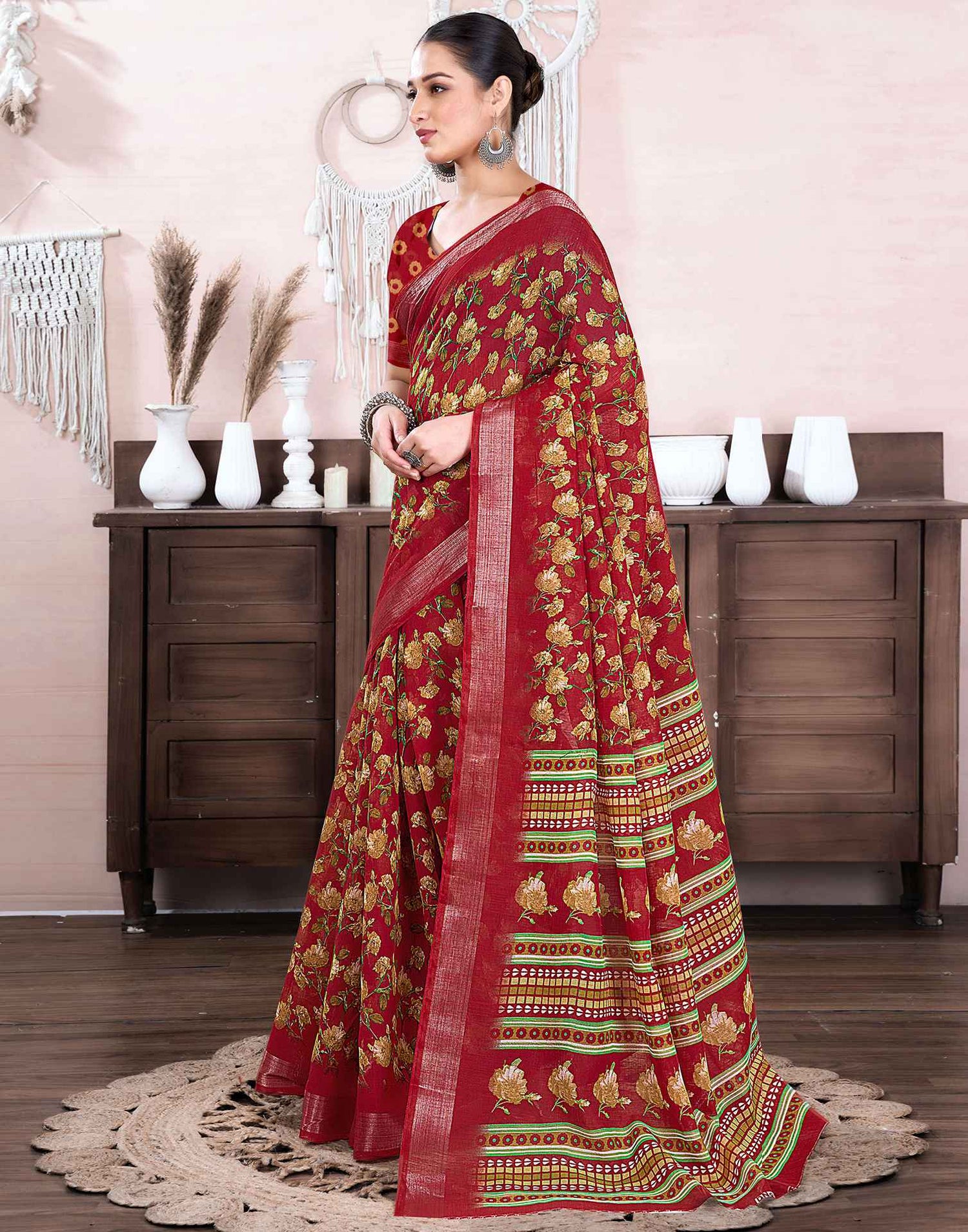 Red Cotton Linen Floral Printed Saree