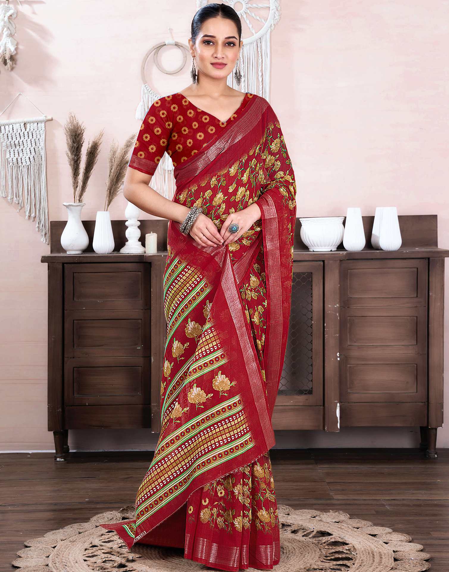 Red Cotton Linen Floral Printed Saree