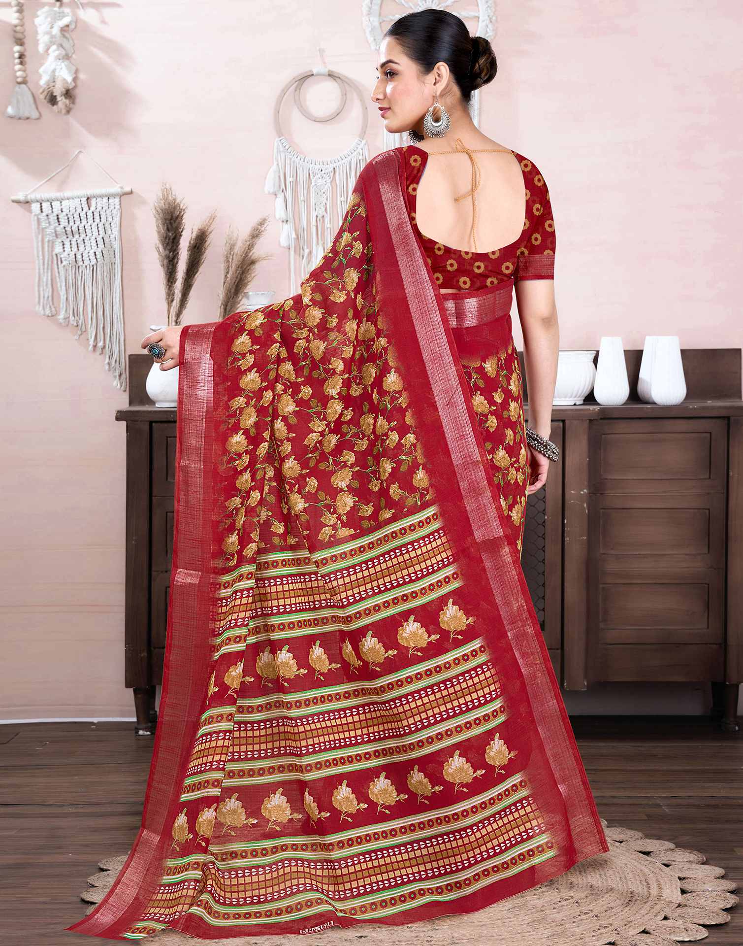 Red Cotton Linen Floral Printed Saree