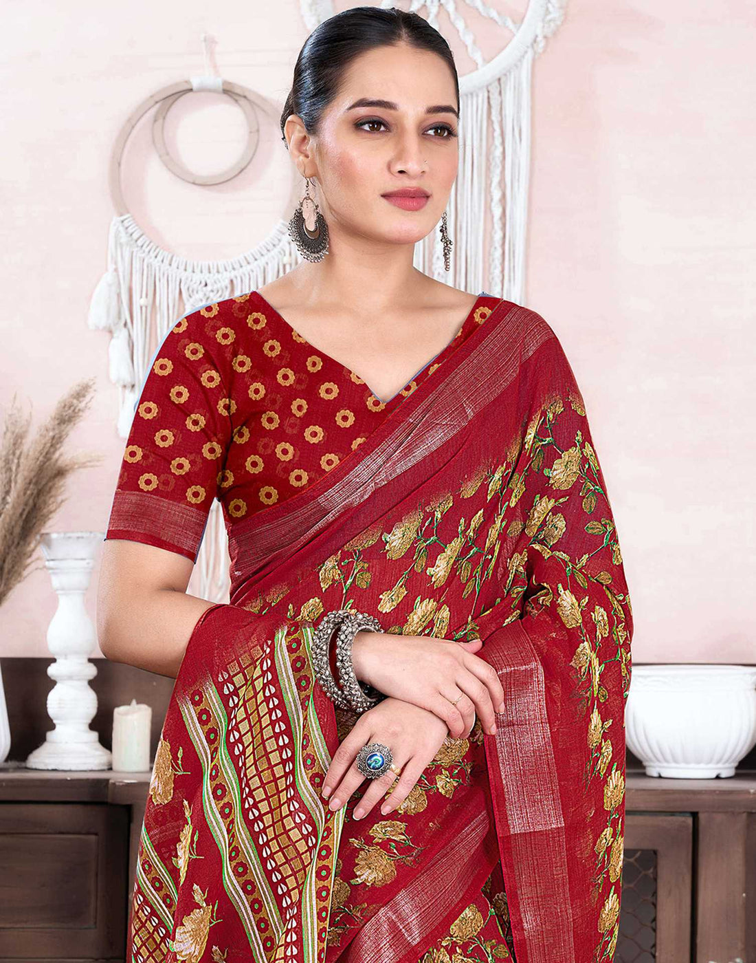 Red Cotton Linen Floral Printed Saree