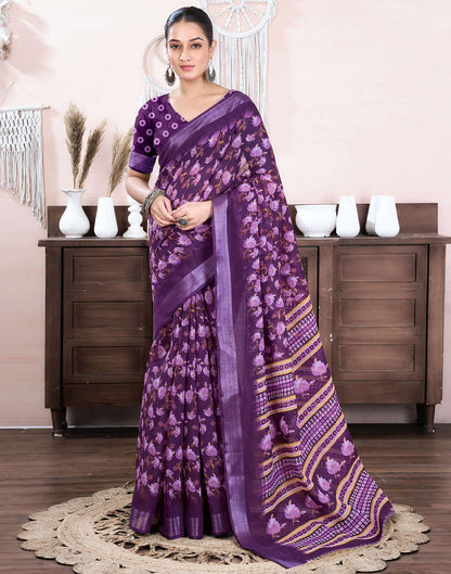 Dark Purple Cotton Linen Floral Printed Saree