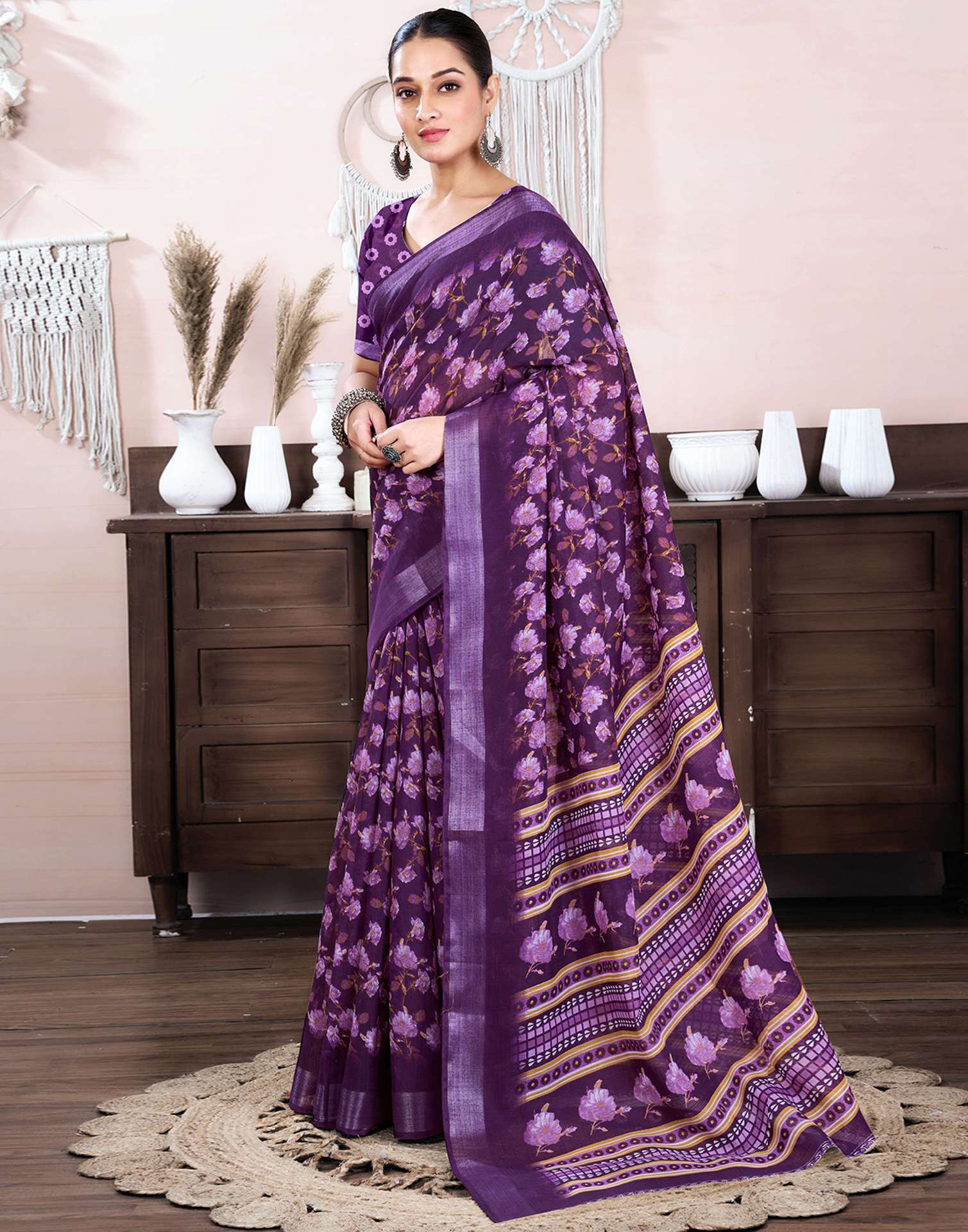 Dark Purple Cotton Linen Floral Printed Saree