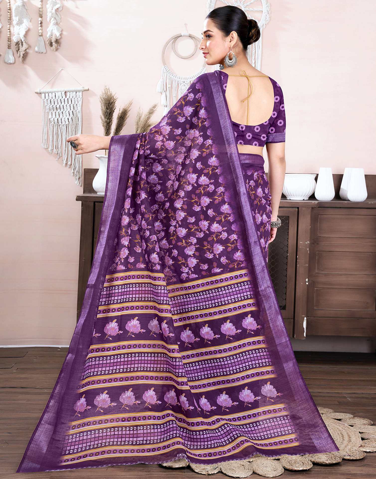 Dark Purple Cotton Linen Floral Printed Saree