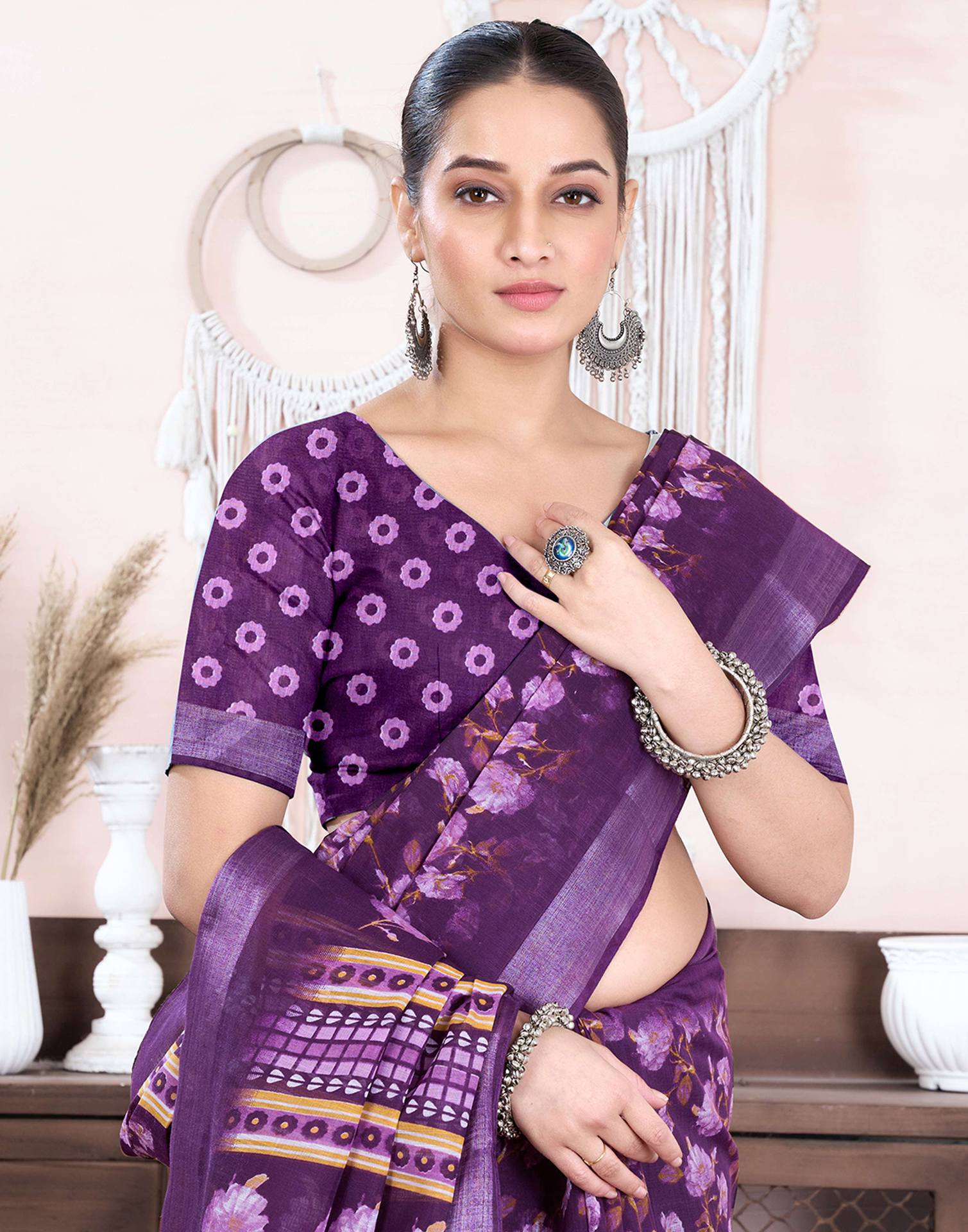 Dark Purple Cotton Linen Floral Printed Saree