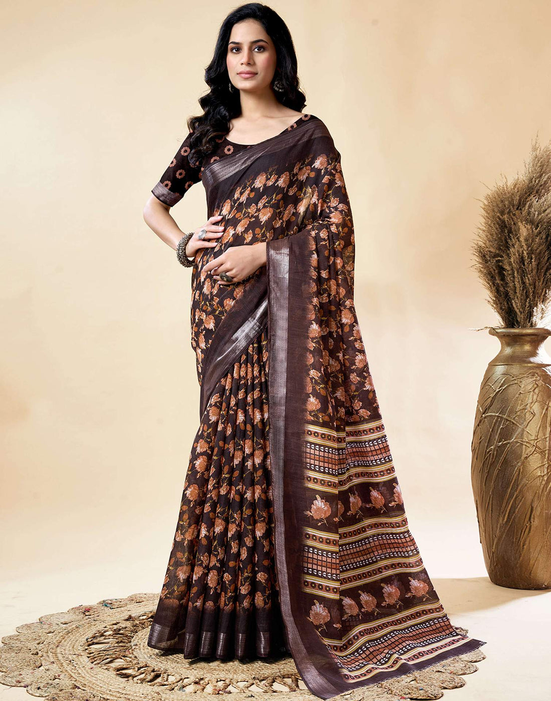 Chocolate Brown Cotton Linen Floral Printed Saree