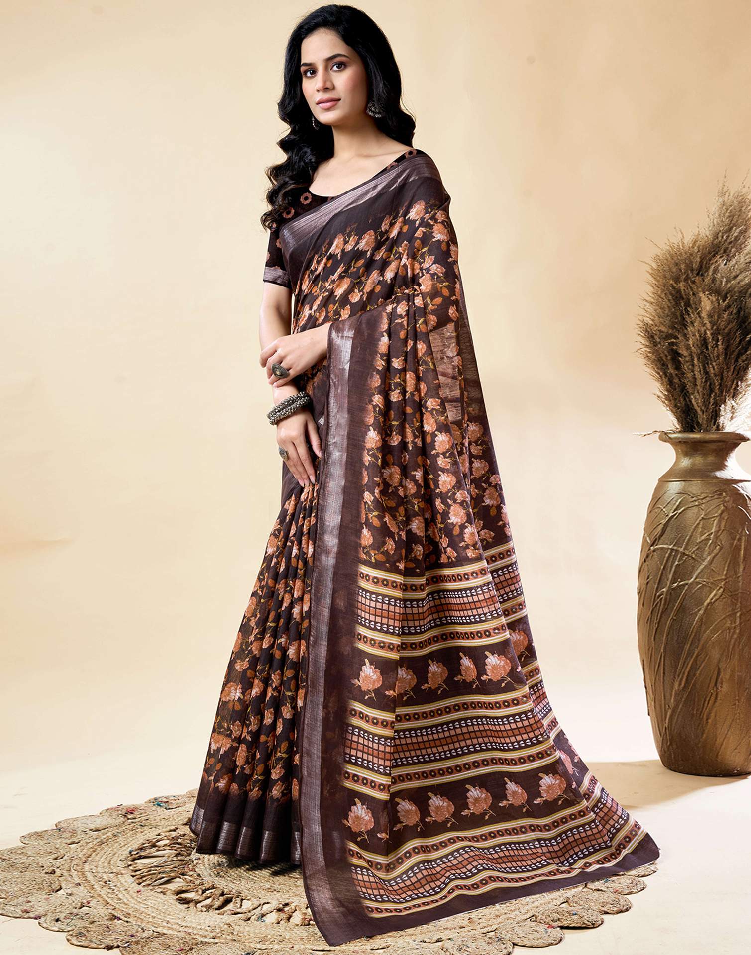 Chocolate Brown Cotton Linen Floral Printed Saree