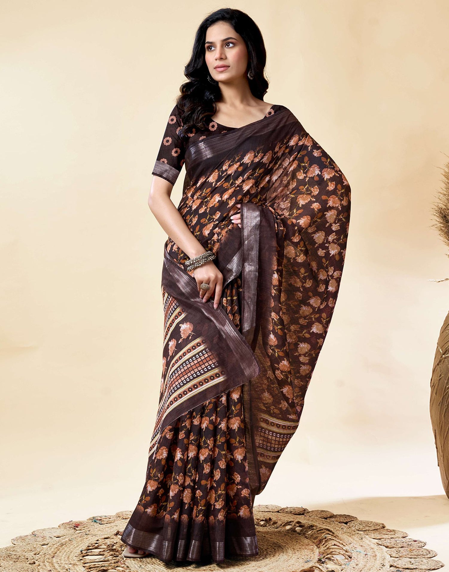 Chocolate Brown Cotton Linen Floral Printed Saree