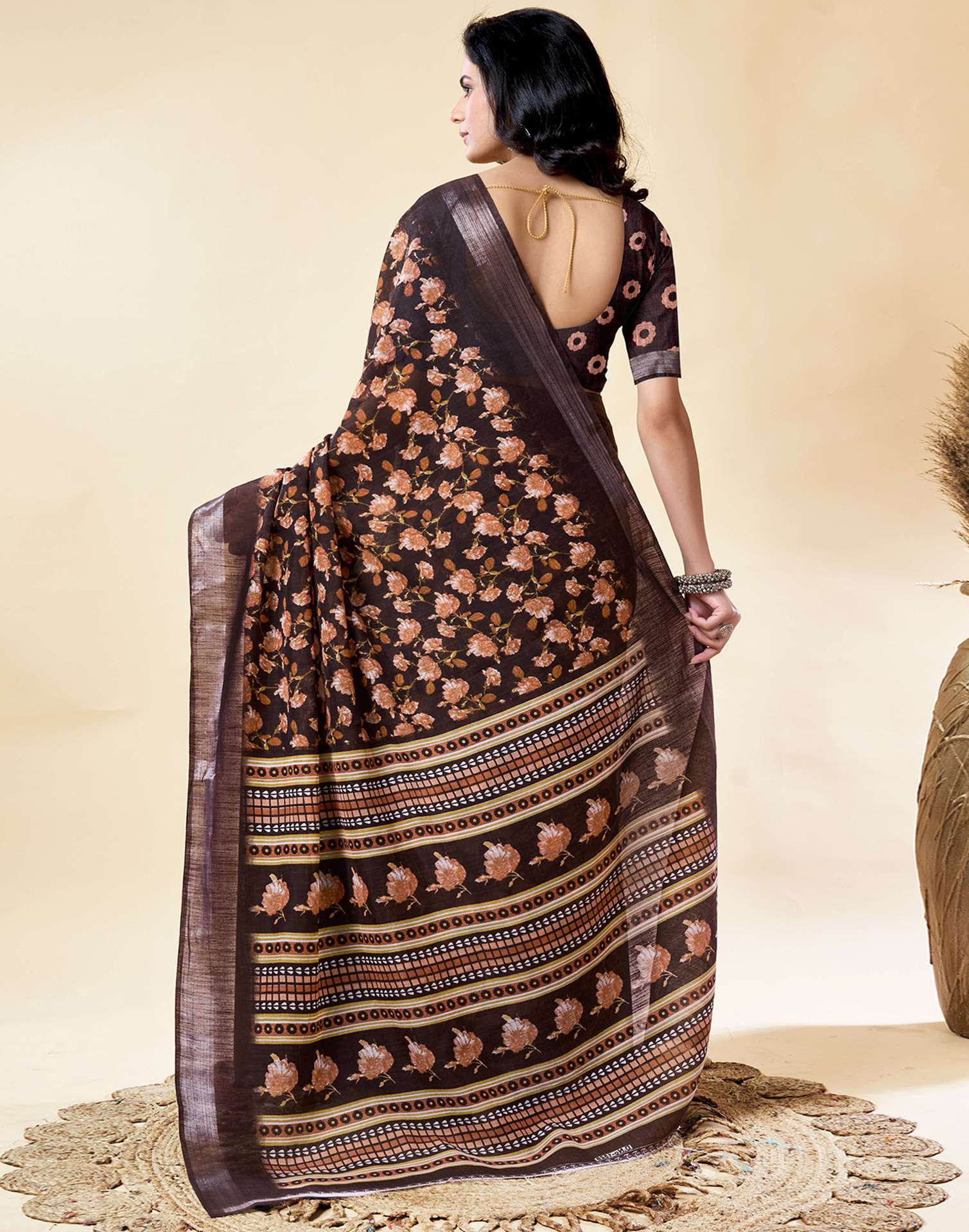 Chocolate Brown Cotton Linen Floral Printed Saree