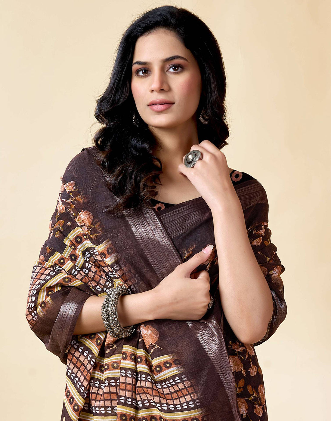 Chocolate Brown Cotton Linen Floral Printed Saree