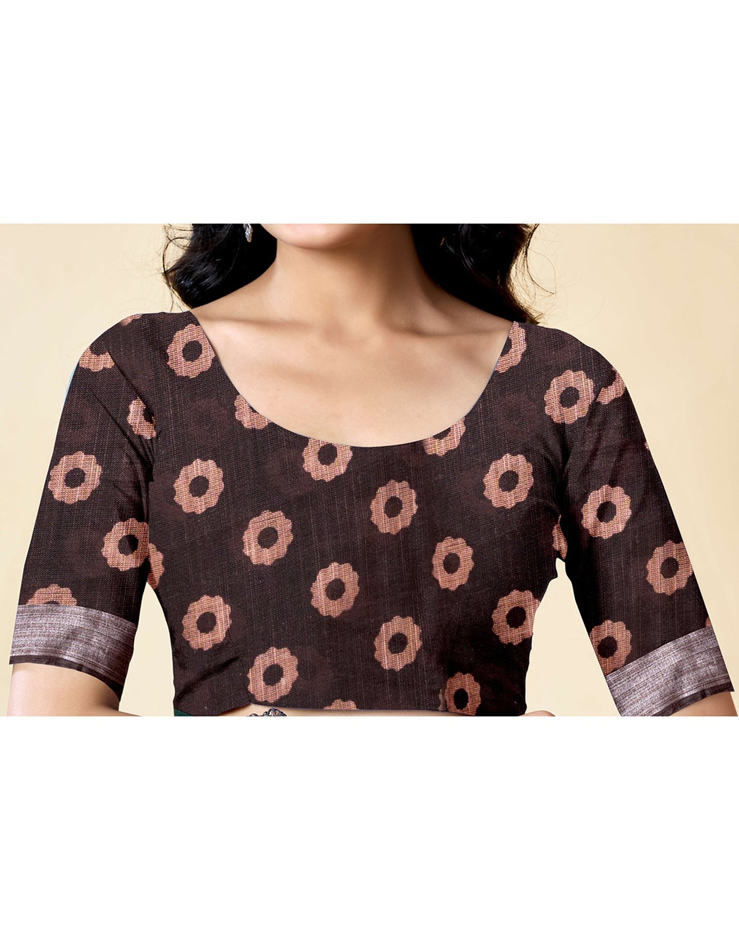 Chocolate Brown Cotton Linen Floral Printed Saree