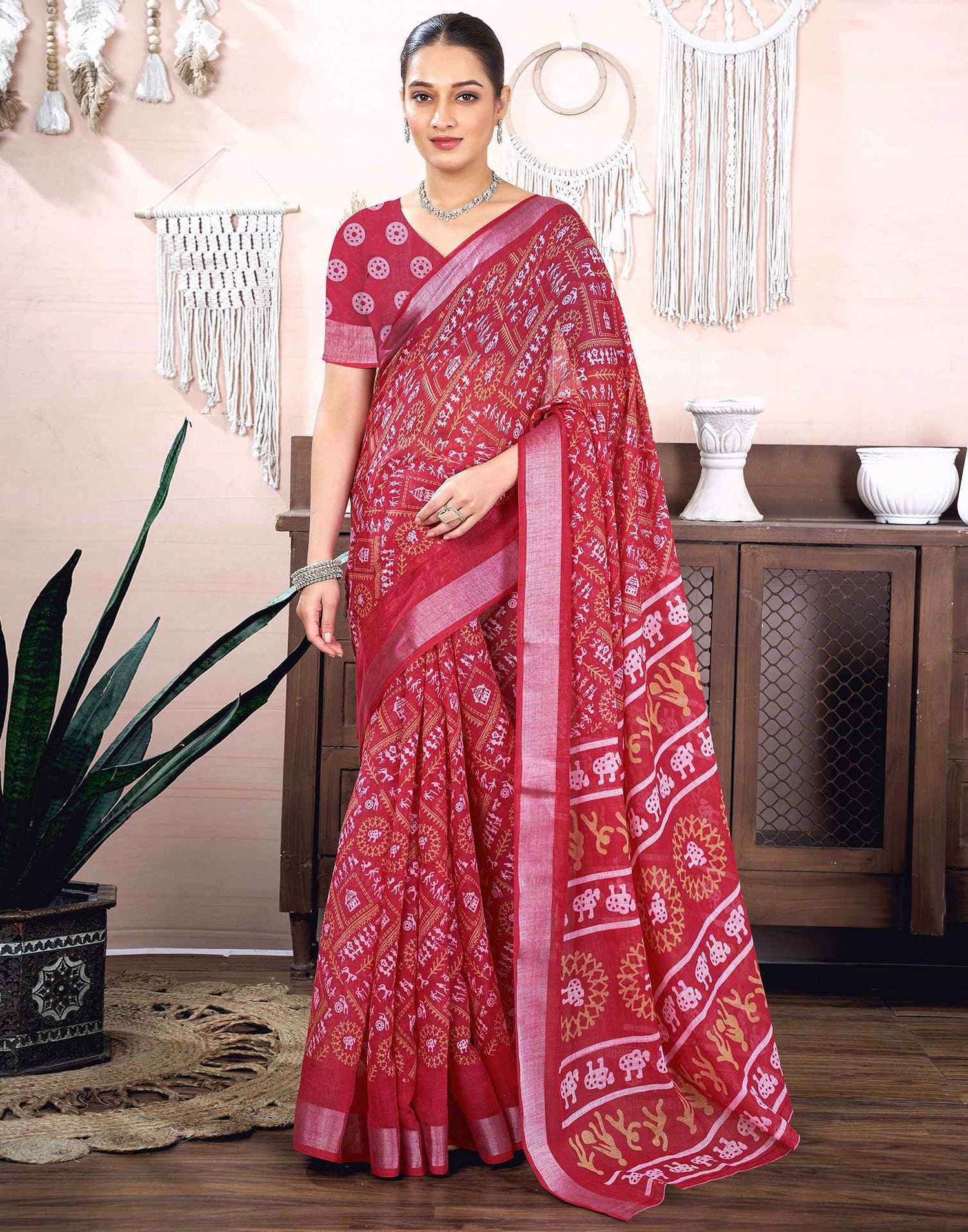 Dark Pink Cotton Linen Printed Saree