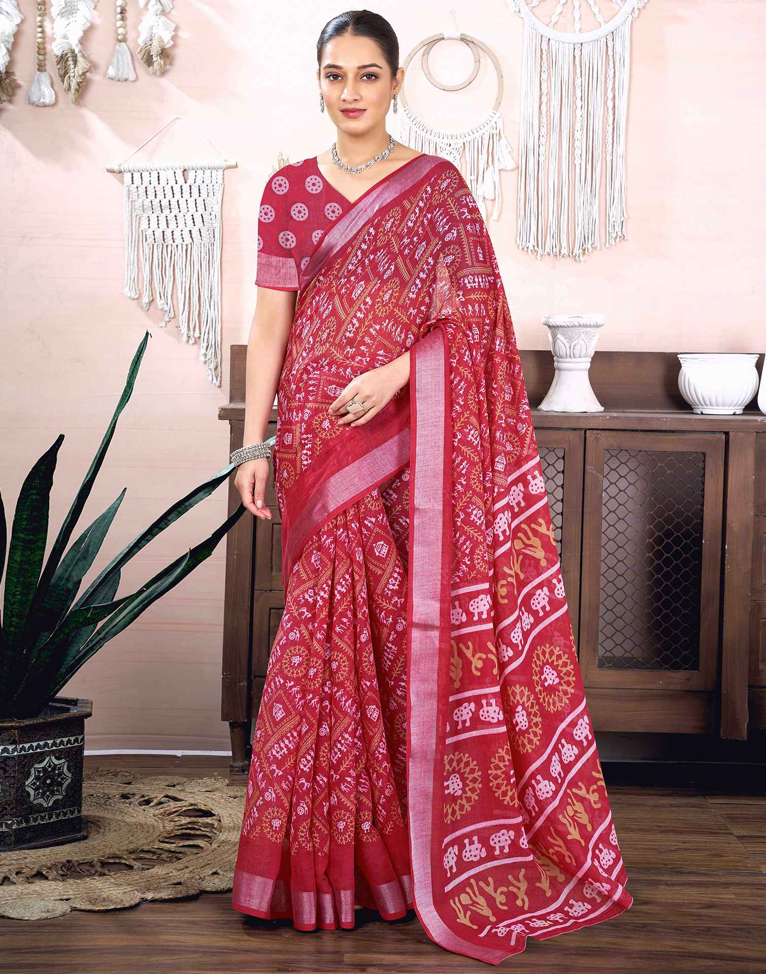 Dark Pink Cotton Linen Printed Saree