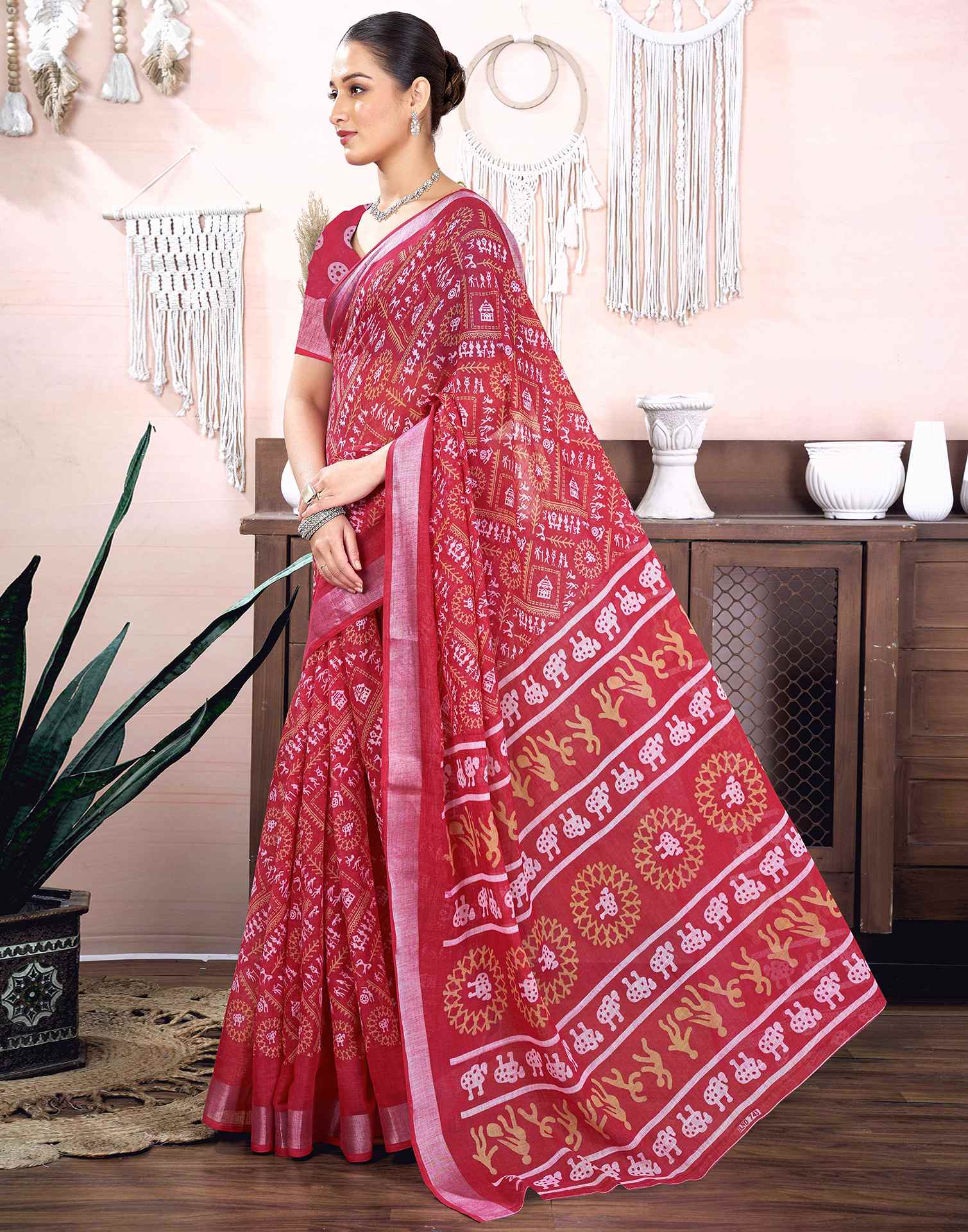 Dark Pink Cotton Linen Printed Saree