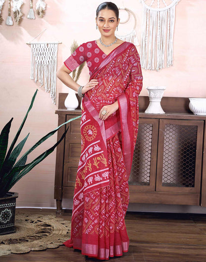 Dark Pink Cotton Linen Printed Saree