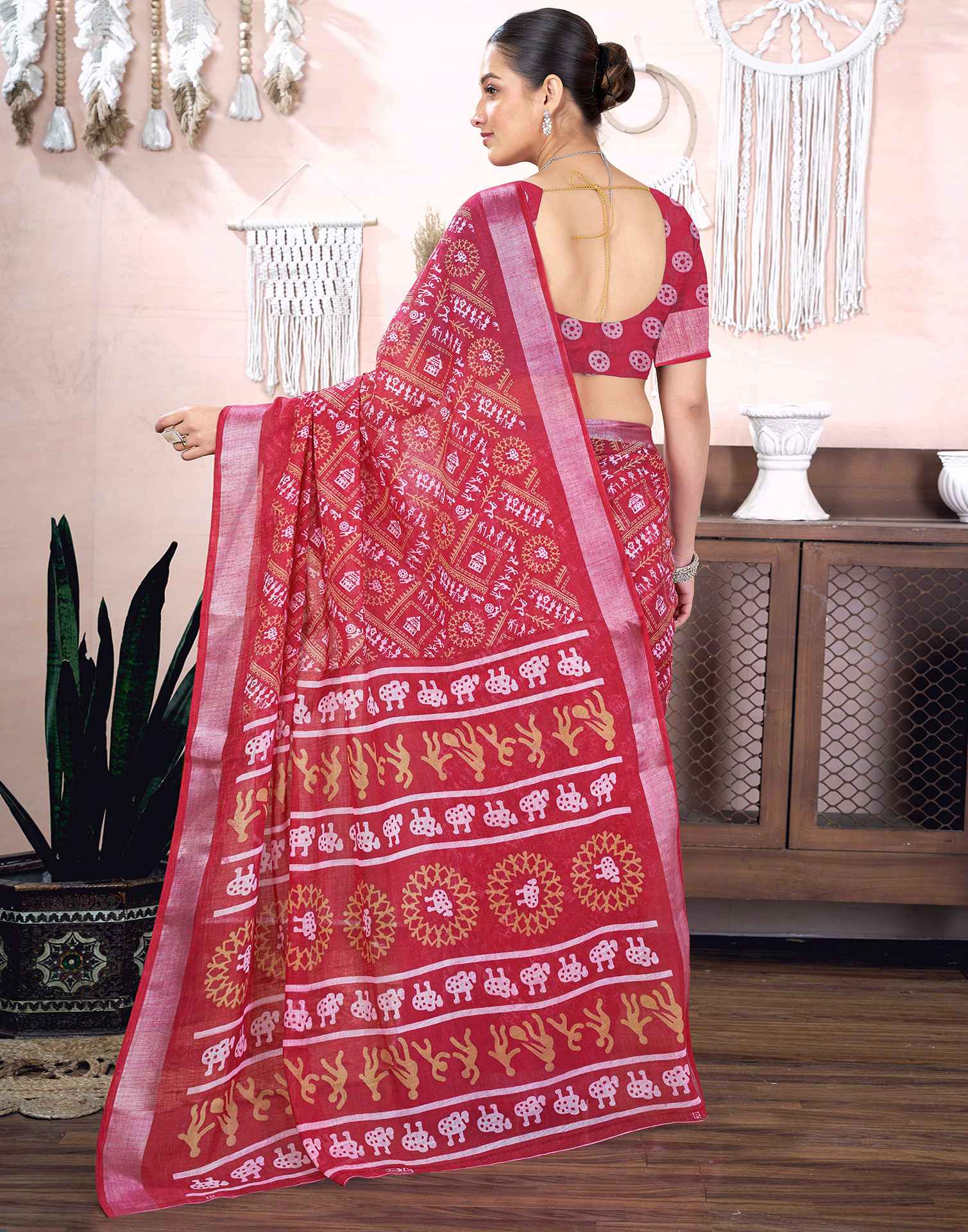 Dark Pink Cotton Linen Printed Saree