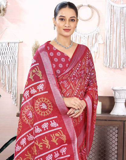 Dark Pink Cotton Linen Printed Saree