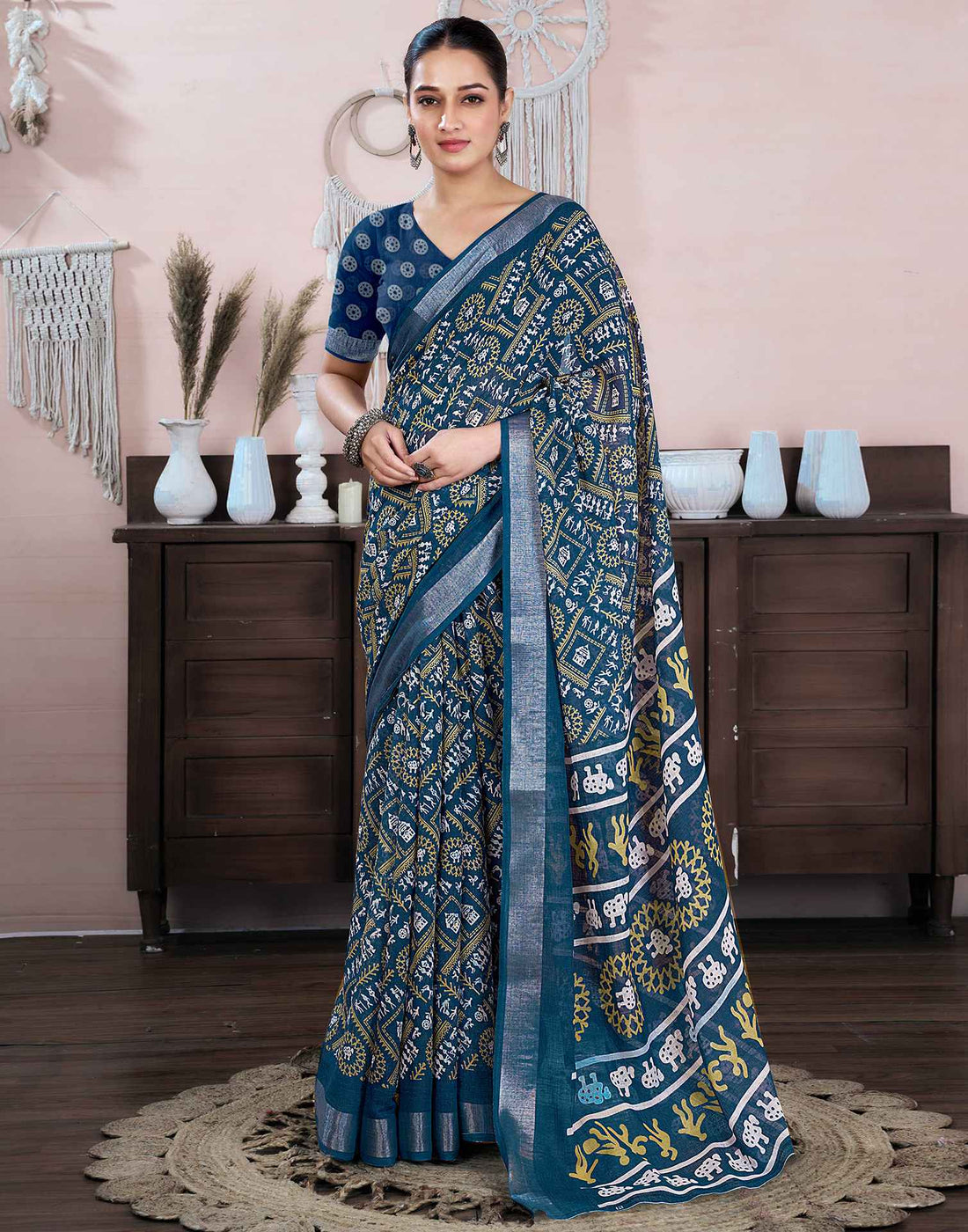 Steel Blue Cotton Linen Printed Saree