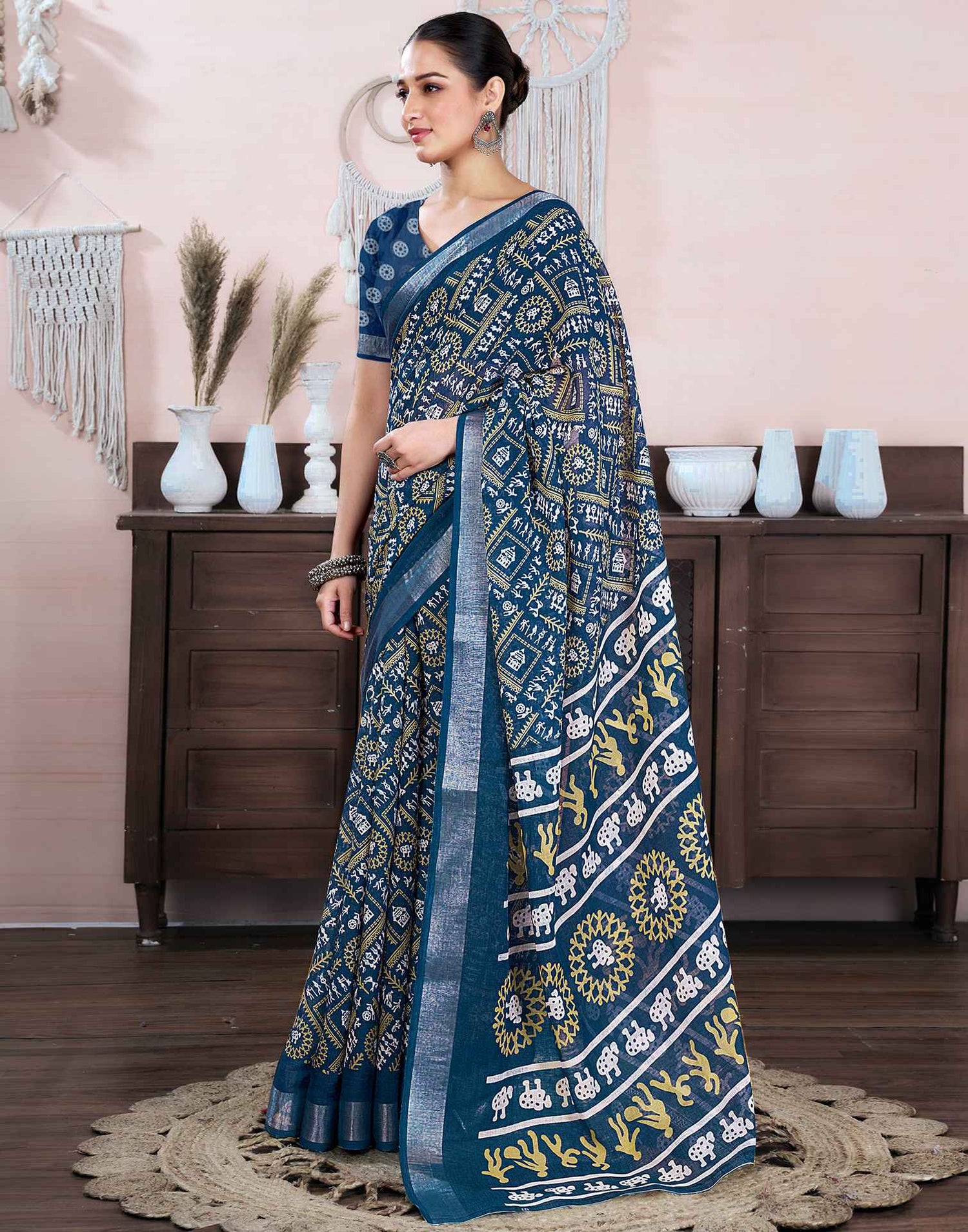 Steel Blue Cotton Linen Printed Saree