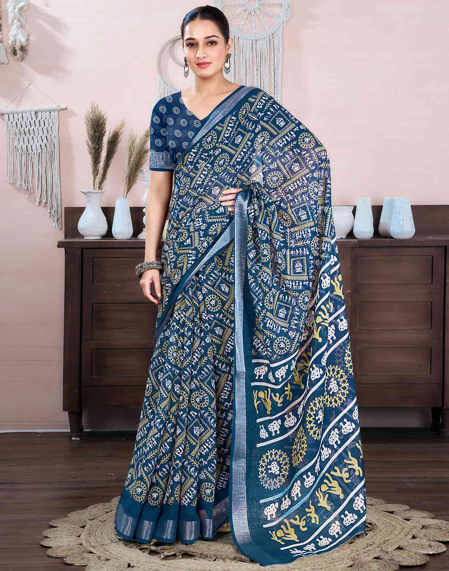 Steel Blue Cotton Linen Printed Saree