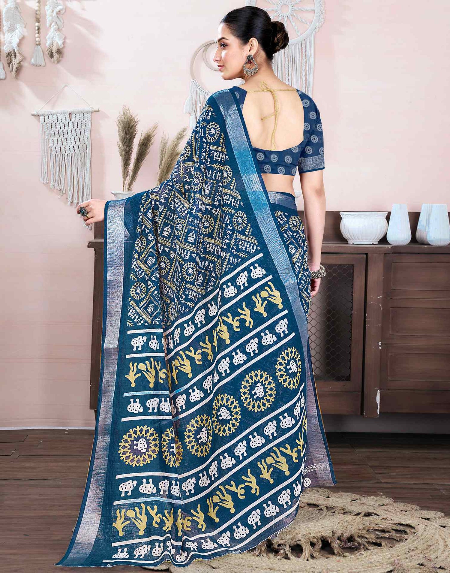 Steel Blue Cotton Linen Printed Saree