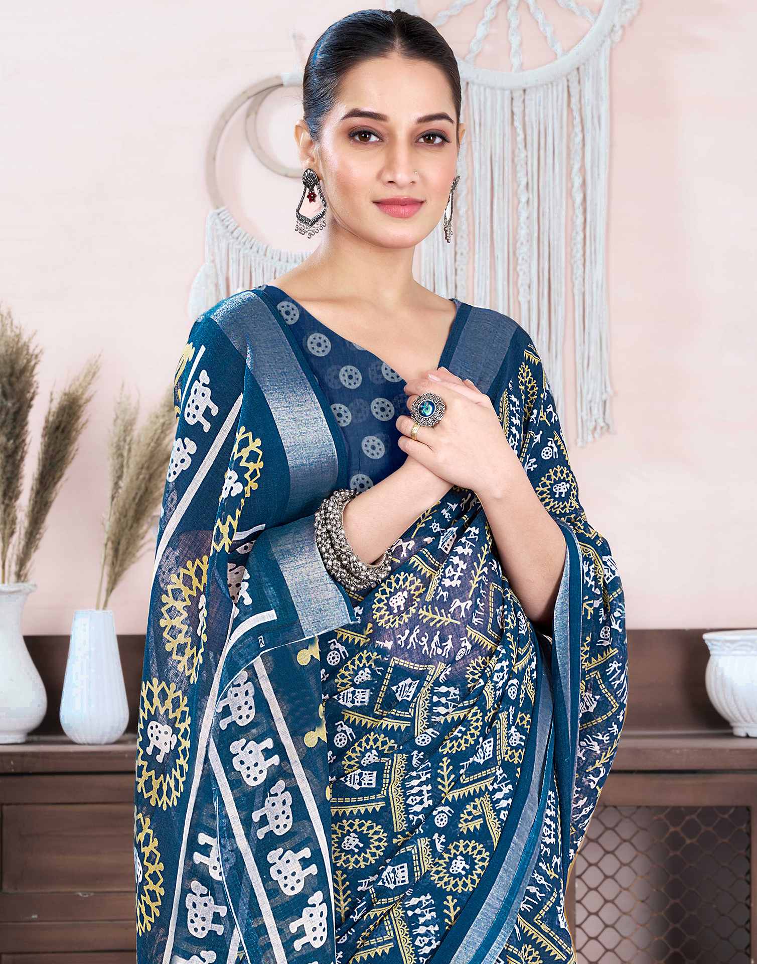 Steel Blue Cotton Linen Printed Saree