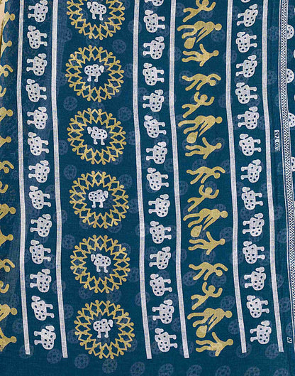 Steel Blue Cotton Linen Printed Saree