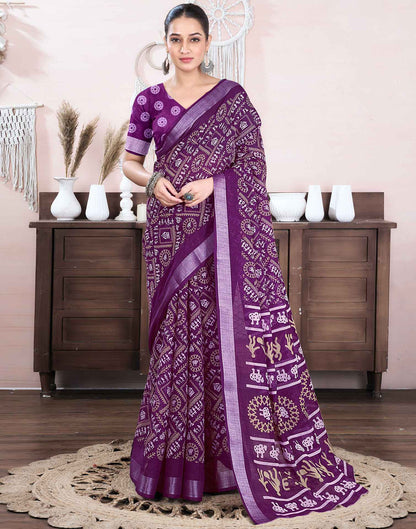 Dark Purple Cotton Linen Printed Saree