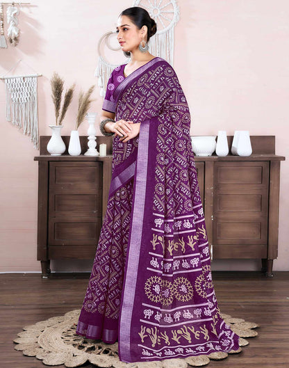 Dark Purple Cotton Linen Printed Saree