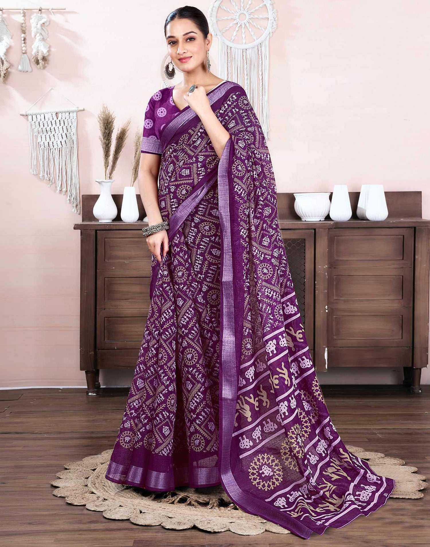 Dark Purple Cotton Linen Printed Saree