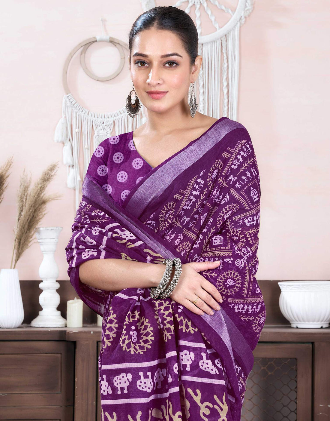 Dark Purple Cotton Linen Printed Saree