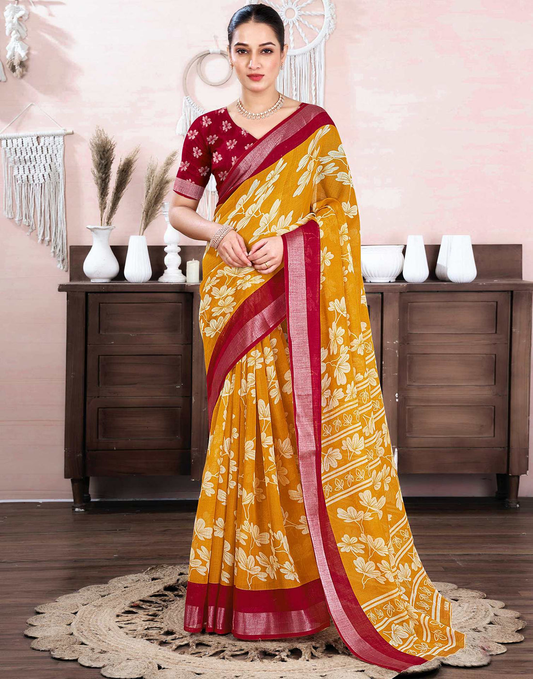 Mustard Yellow Cotton Linen Floral Printed Saree