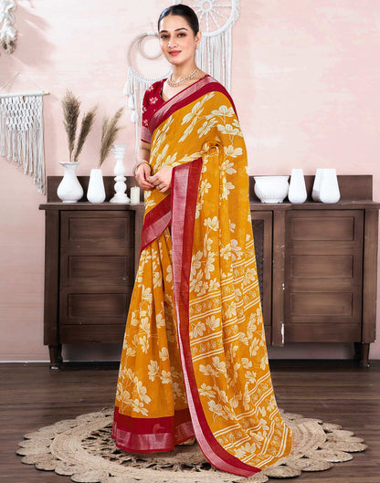 Mustard Yellow Cotton Linen Floral Printed Saree