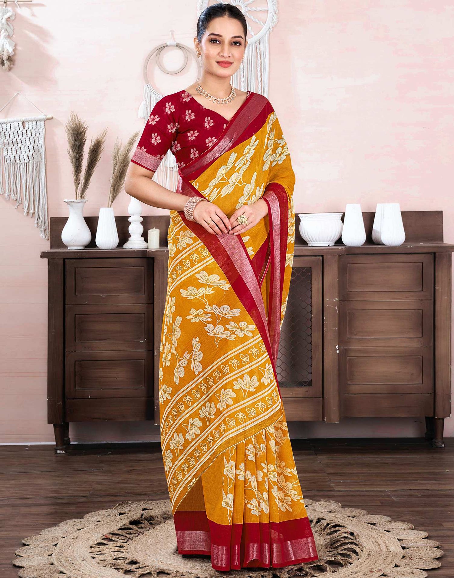 Mustard Yellow Cotton Linen Floral Printed Saree