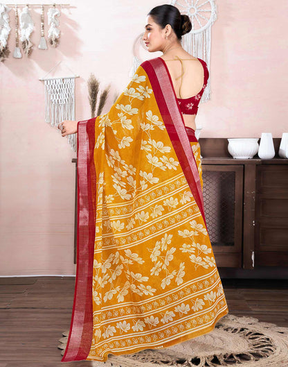 Mustard Yellow Cotton Linen Floral Printed Saree