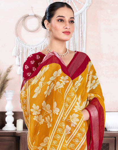 Mustard Yellow Cotton Linen Floral Printed Saree