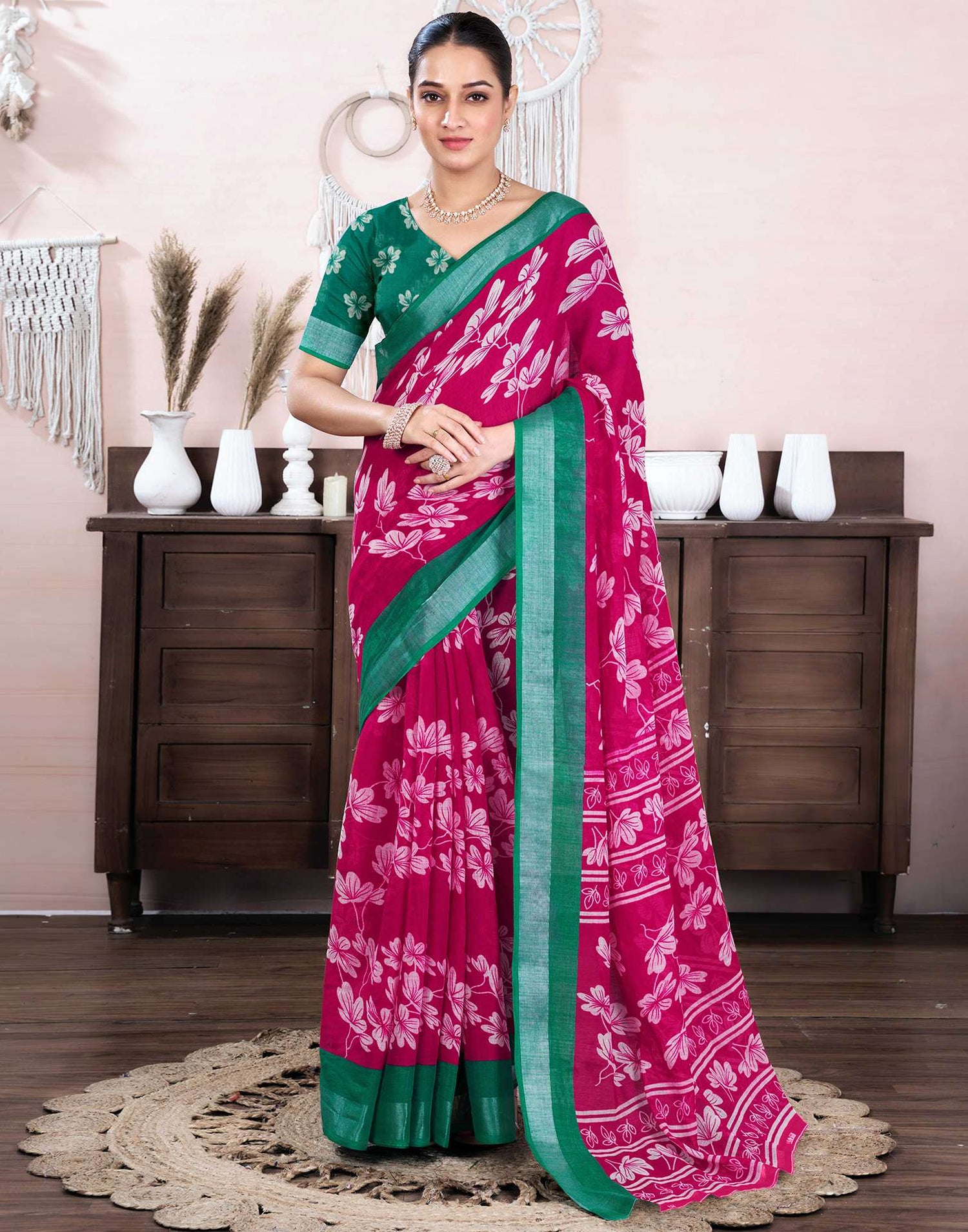 Rani Pink Cotton Linen Floral Printed Saree