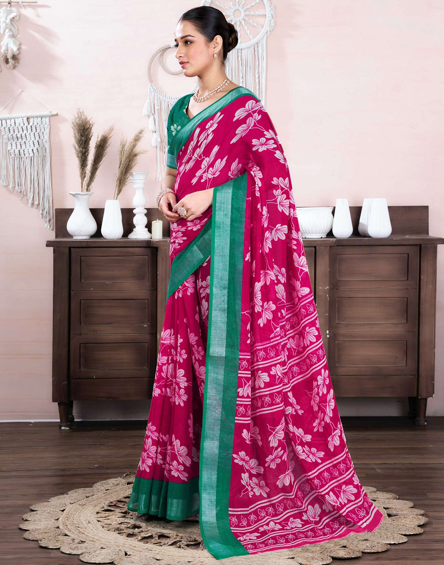 Rani Pink Cotton Linen Floral Printed Saree